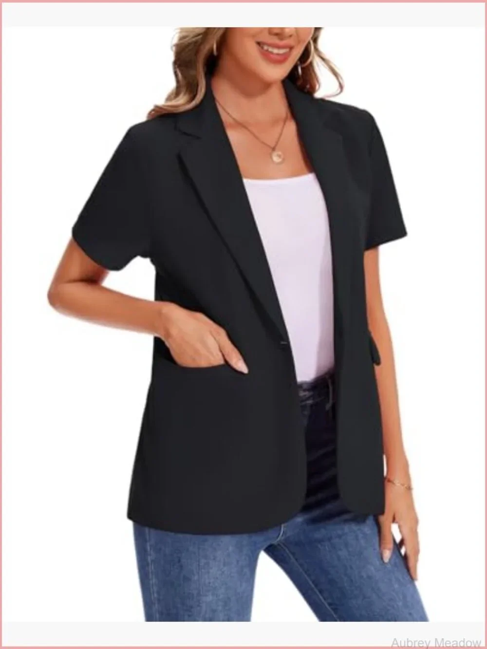Short Sleeve Blazer Lightweight Button Front Business Jacket Notched Lapel Work